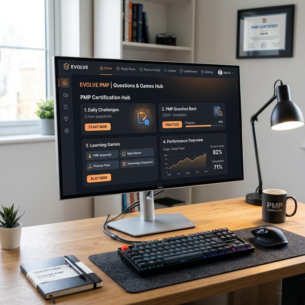 Desk setup with Evolve training materials on monitor