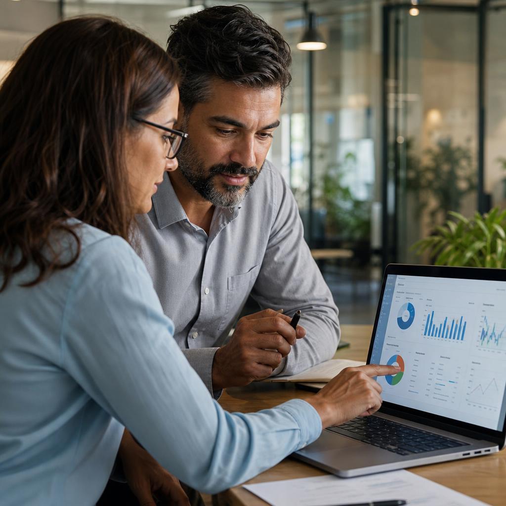 Analyzing business data charts on a laptop